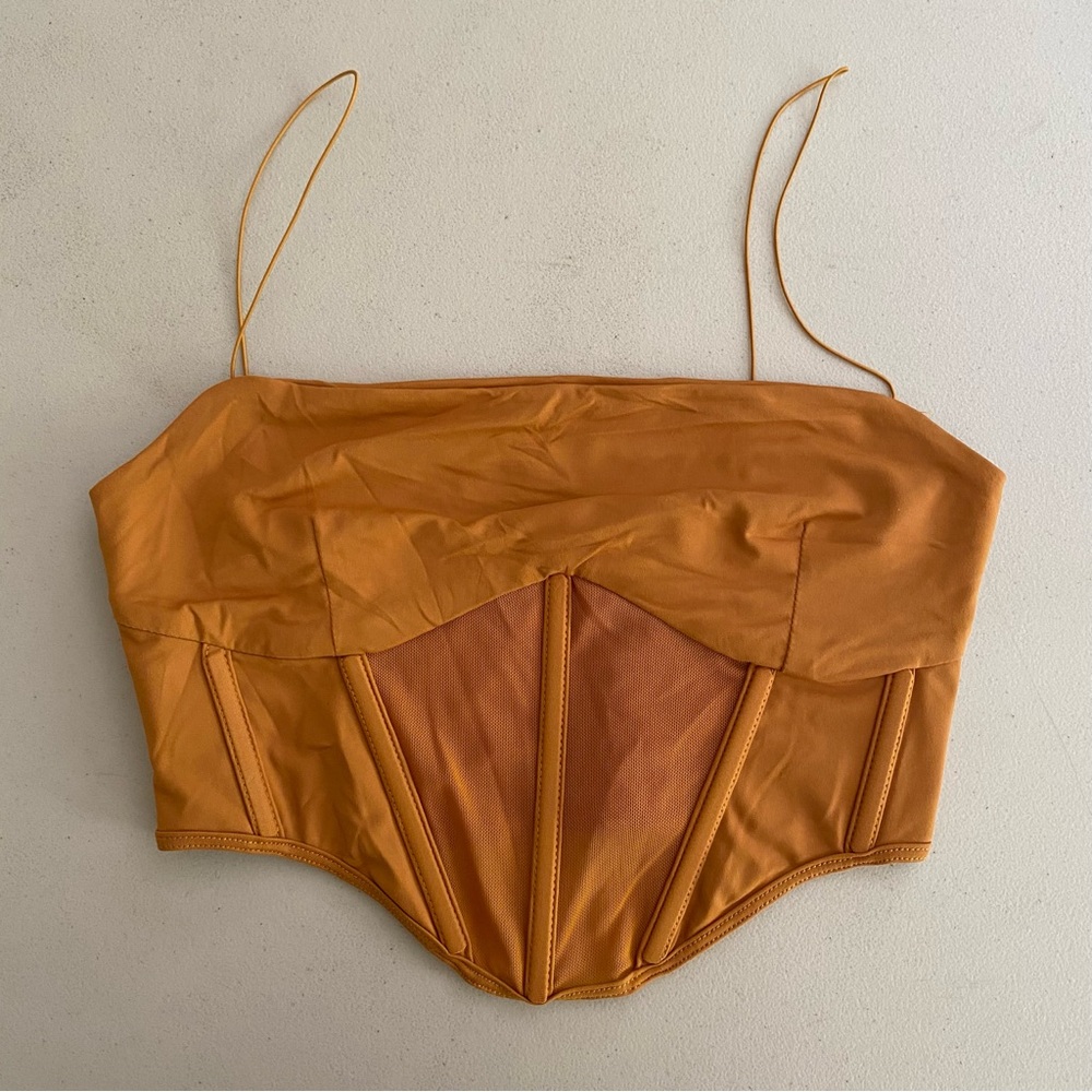 MESHKI Rust Orange Satin Corset Bustier Crop Top Size Small